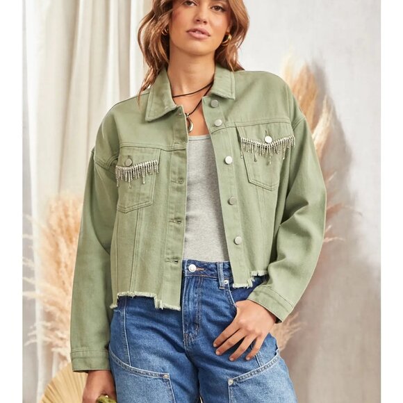 NWT Rhinestone Detail Denim Jacket  in Sage Green - Picture 1 of 6